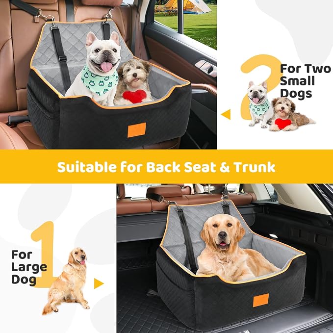XIEEAOZEE Dog Car Seat for Large/Medium Dog, Booster Seat for Dogs Under 55Lbs or 2 Small, Detachable and Washable Travel Pet Seat with Thick Cushion and Storage Pockets (Black/Gray)