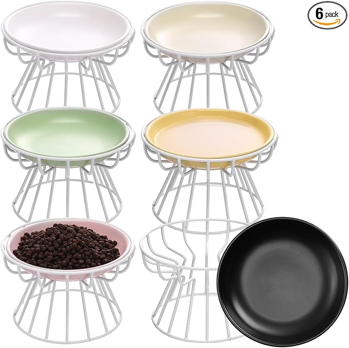 Hushee 6 Pcs Raised Cat Bowls Elevated Ceramic Cat Food Bowls with Metal Stand Anti Vomit Feeding Dishwasher Safe Shallow Ceramic Water Food Plate for Kitten Small Dogs
