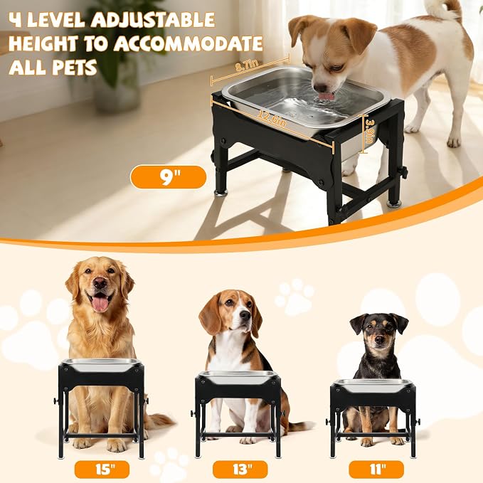 BWOGUE 1.25 Gal Elevated Dog Water Bowl, Raised Stainless Steel Bowl Stand | Raised Dog Water Bowl, 4 Adjustable Heights at 9/11/13/15 in, Non-Slip Base, Outdoor Use, Joint Pressure Relief