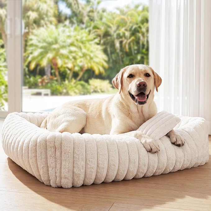 Dog Beds Large Sized Dog, Washable Rectangle Orthopedic Large Pet Sofa, Super Soft Plush Rabbit Fur Pet Couch Cute Cat Bed with Removable Zipper Cover & Anti-Slip Bottom Large Dog Bed self Warming