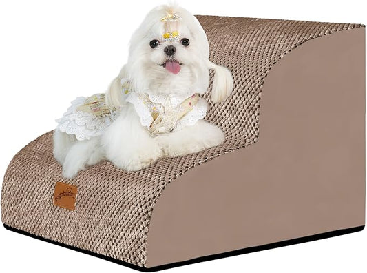 GoGoBunny Ramp Dog Stairs for Couch Sofa and Chair 11.8" H, 2-Step Pet Steps for Small Dogs and Cats, Non-Slip Waterproof Fabric Cover, Stable and Balanced Indoor Step, Pets Friendly, Camel