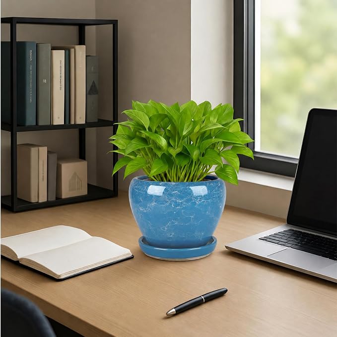 Deep Dream 6 Inch Plant Pots- Ceramic Planter Pot with Drainage Hole and Saucer, Round Flower Pot for Indoor Outdoor Succulent, Snake Plants and Cactus, Gemstone Blue
