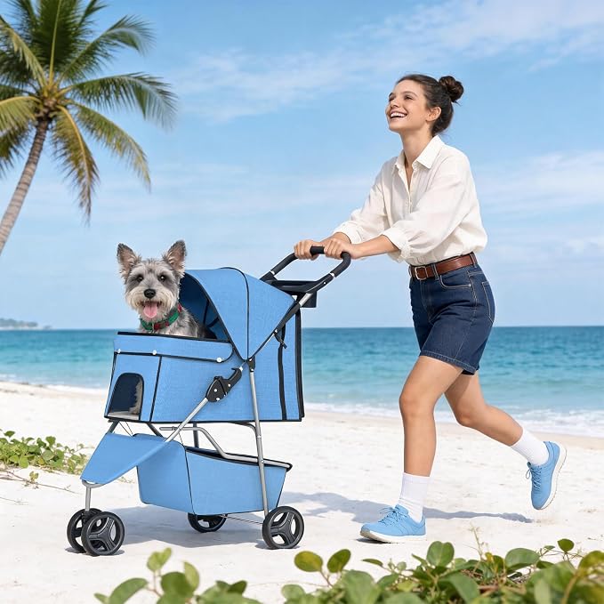 BestPet | 3-Wheel Pet Stroller | Blue | Foldable Dog and Cat Stroller | Breathable Mesh | Lightweight, Waterproof Travel Carrier with Cup Holder & Storage Basket | for Daily Walks & Outdoor Use