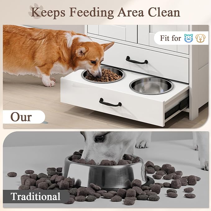 Rovibek Dog Feeding Station with Storage Cabinet - Elevated Dog Bowls with Storage Drawers, Pet Storage Cabinet with Leash Hooks, Pet Organizers for Food & Supplies