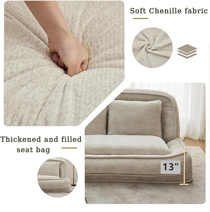 Foldable Lazy Sofa Bed, Double Human Dog Bed for Adults, Beige | Skin-friendly Breathable Soft Chenille Upholstered, 5 Adjustable Backrest Positions, 3 Soft Cushions for Living Room