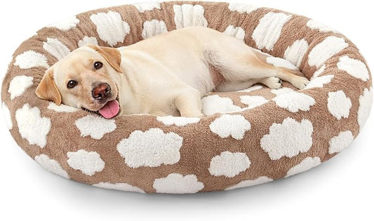 JOEJOY Jacquard Donut Round Dog Beds Large Sized Dog, Brown 36x36x8in, Removable Washable Cover, Cute Pattern, Ultra Soft Fluffy Calming Pet Bed with Thick Supportive Bolster