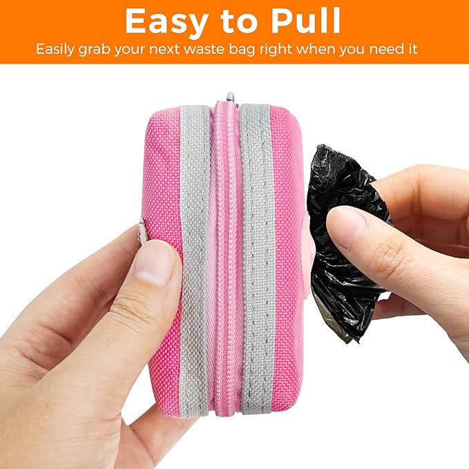 Dog Poop Bag Holder Zippered Pouch, Portable Waste Bag Dispenser with 1 Metal Clip, Fashion Color Matching Canvas Holder for Leashes - Pink