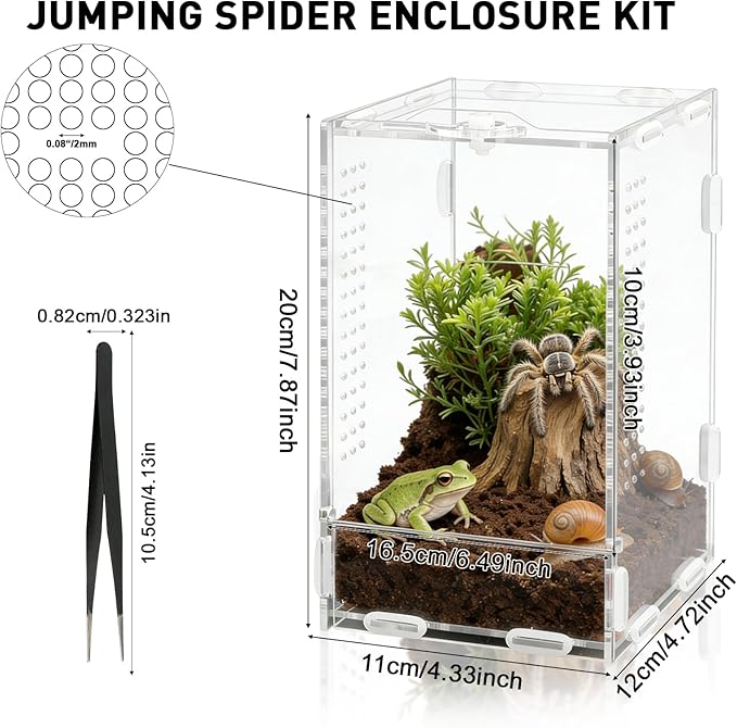 DARENYI Jumping Spider Enclosure, 7.8"x4.7"x4.3" Small Acrylic Terrarium Praying Mantis Enclosure with Front Door, Jumping Spider Habitat for Tarantula, Snail, Lizard, Crabs and Small Reptiles