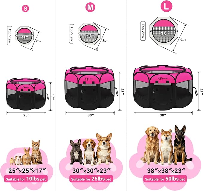 Siedihit Dog Cat Playpen, Large Puppy Pet Playpen, Dog Crate Tent Cage | Indoor/Outdoor, Portable Pop Up Dogs Kennel Playpen with Carrying Case for Dogs/Cats/Rabbits, Hot Pink
