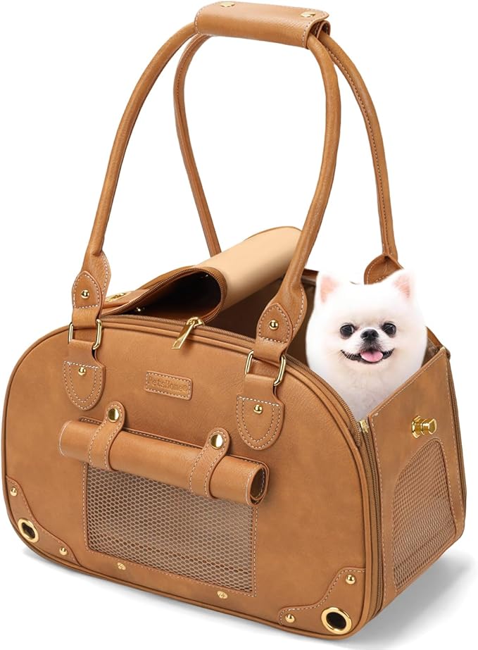 Dog Carrier Purse, Pet Carrier, Foldable Waterproof Premium PU Leather Pet Travel Portable Bag Carrier for Cat and Small Dog Home & Outdoor Small Brown