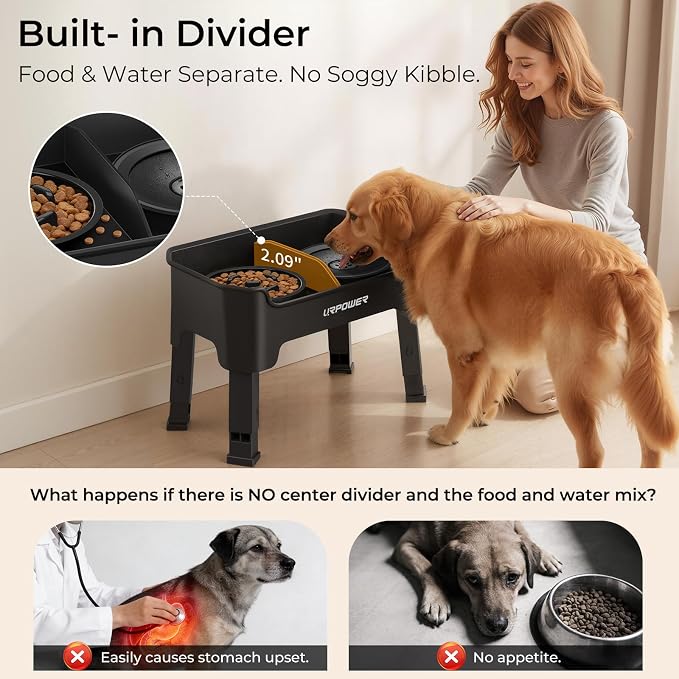 URPOWER Mess Proof Elevated Dog Bowls 4 Height Adjustable Raised Stand | No Spill Water Bowl, Slow Feeder Dog Bowls, Non-Slip Food and Water Bowl Set for Small, Medium & Large Dogs