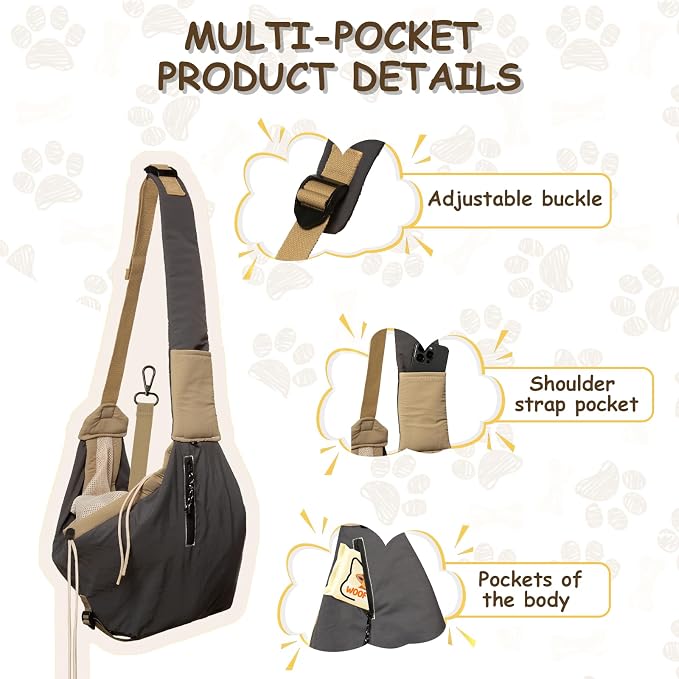 Dog Carrier Sling for Small Dogs/Cats Up to 15 lbs - Multi-Pocket Oxford Pet Sling Carrier Bag with Adjustable Strap (Black)