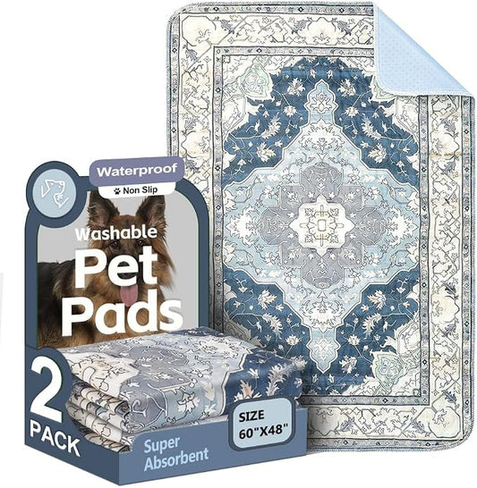 Washable Pee Pads for Dogs, 2 Pack Reusable Puppy Training Pads 60"x48" Super Absorbent Waterproof Dog Training Pads, Non-Slip Potty Pads, Whelping Pads Litter Mat Navy & Ecru