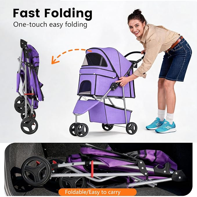 BestPet | 3-Wheel Pet Stroller | Purple | Foldable Dog and Cat Stroller | Breathable Mesh | Lightweight, Waterproof Travel Carrier with Cup Holder & Storage Basket | for Daily Walks & Outdoor Use