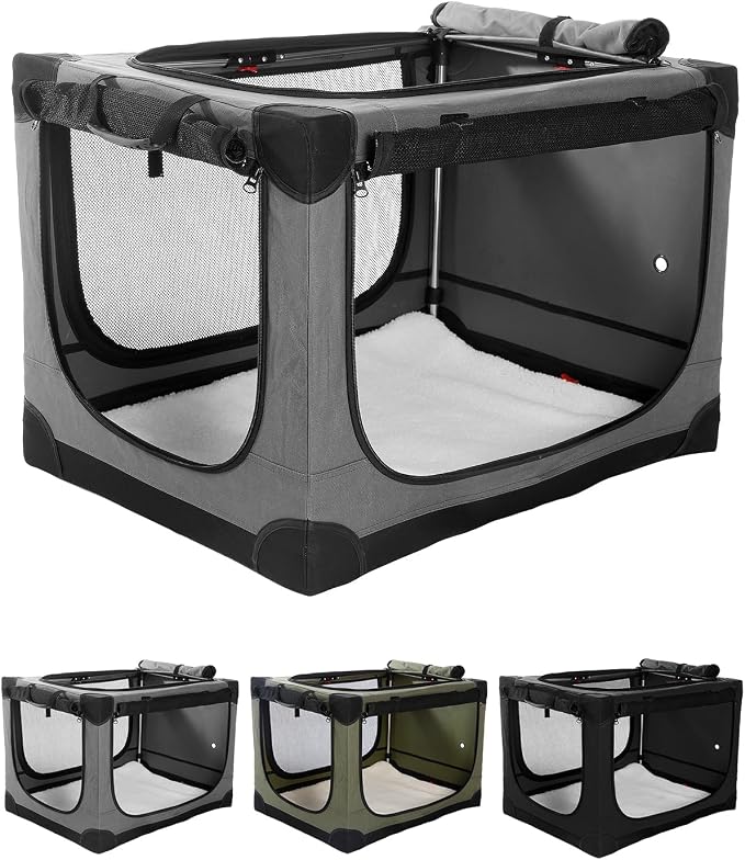 Veraste 42" Soft Collapsible Travel Dog Crate for Large Dogs,Grey | 4-Door Foldable Travel Crate,breathable mesh, foldable with storage bag