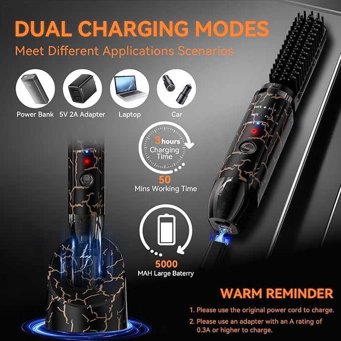 Beard Straightener for Men, Cordless Heated Beard Brush, Portable Beard Hot Combs, Ionic Mini Hair Straightener with 3 Temp Settings, Coarse Curly Hair Brush, Grooming Kit for Men