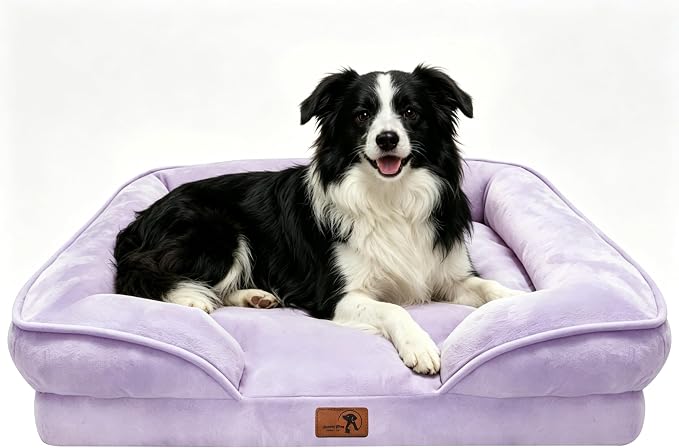 Spotted Play Orthopedic Dog Bed with Sides - Sofa Beds for Large Dogs, Supportive Foam Pet Couch Bed with Washable Removable Cover, Waterproof Lining and Non-Slip Bottom, Purple - L