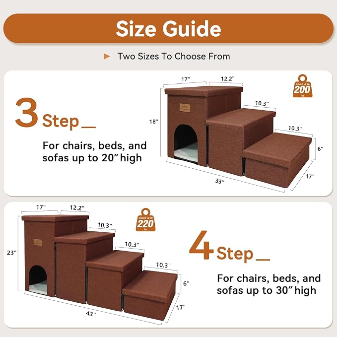 Zerbuger Dog Stairs with Storage, Brown 4 Steps Dog Ramp with Condo for Bed | 23" H Wider Dog Steps for High Beds Couch, Folding Storage Pet Stairs Gift for Climbing Small/Medium/Large Old Dogs Cats