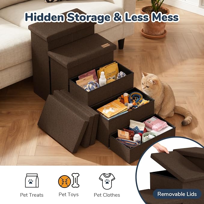 5-Step Wide Dog Stairs with Storage 23" H, Non-Slip Sturdy Pet Steps for High Bed Couch Window, Pet Stairs for Small/Medium/Large Old Dogs Cats Up to 260lbs, Cat Dog Steps for Car/SUV, Coffee