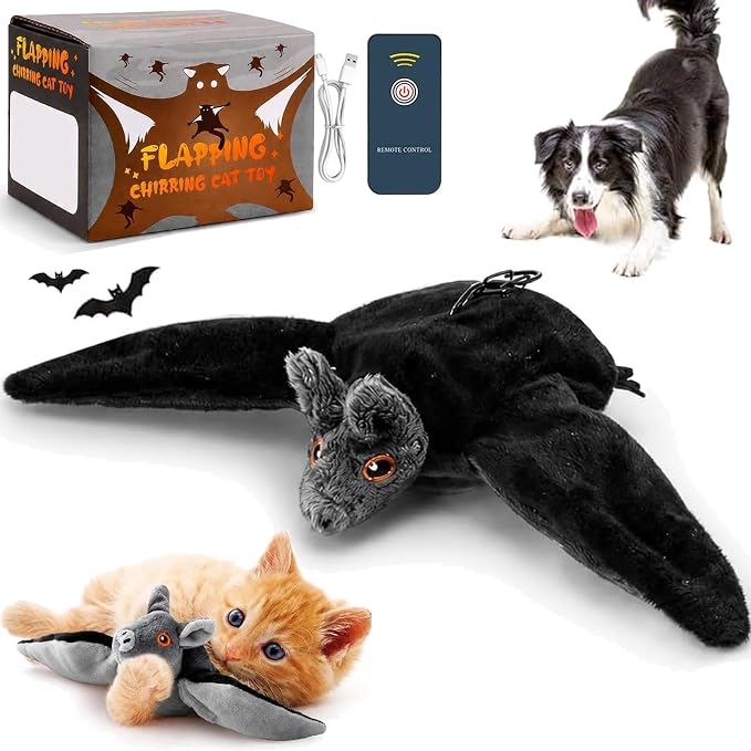 Flying Bat Dog Toy, 2026 New Flying Bat Toy for Dogs, Flapping Wings Interactive Pet Toy with Chirping Engages Cats and Dogs, Detachable USB Rechargeable, Hanging and Ground Play ，Bat：1PCS