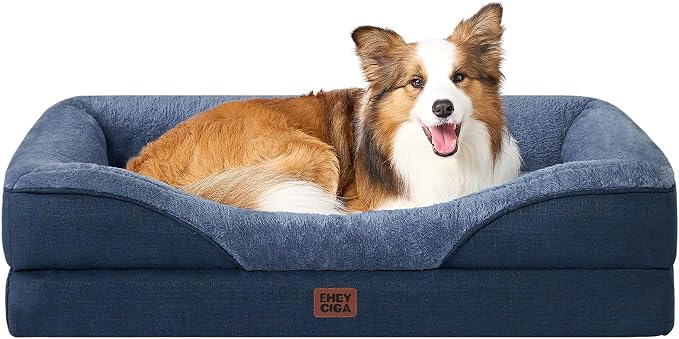 EHEYCIGA Orthopedic Dog Bed for Large Sized Dog, 36x27 Inch Large Memory Foam Dog Couch Bed with Sides, Waterproof Liner & Washable Removable Cover, Bolster Pet Sofa, Navy