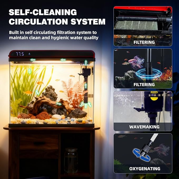 Coospider 20 Gallon Glass Fish Tank, Aquarium Starter Kit, Simple Self-Cleaning Aquarium with 3-Color LED Lights, with Quiet Filter Pump, with Temperature Monitoring for Fish, Shrimp, Kids Gift Ideas