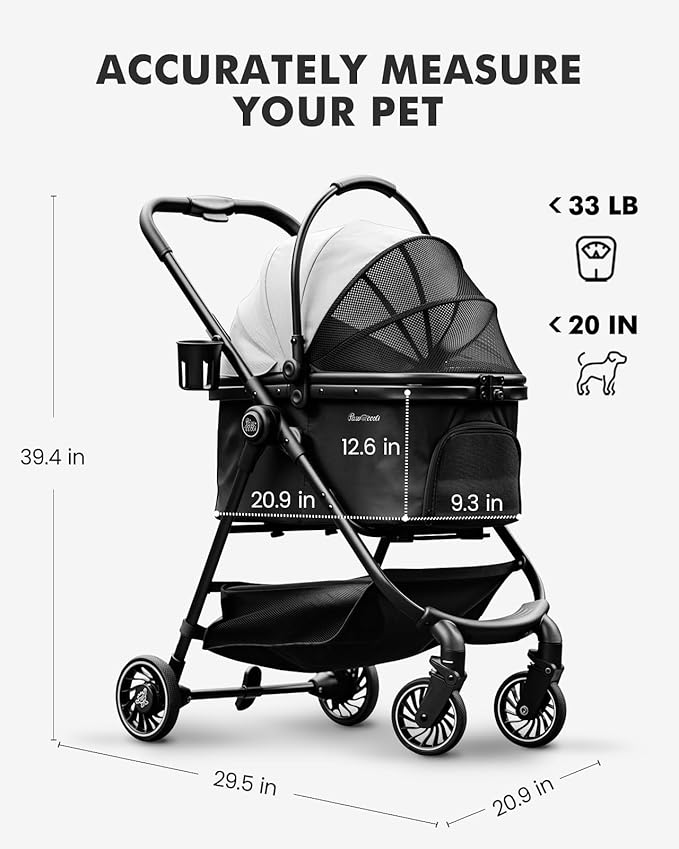Pet Stroller for Small Dogs and Cats, One-Click Foldable Dog Stroller with Detachable Carrier & 3 Safety Tethers, Holds up to 33 lbs, Storage Basket & Cup Holder, Breathable Mesh, Black