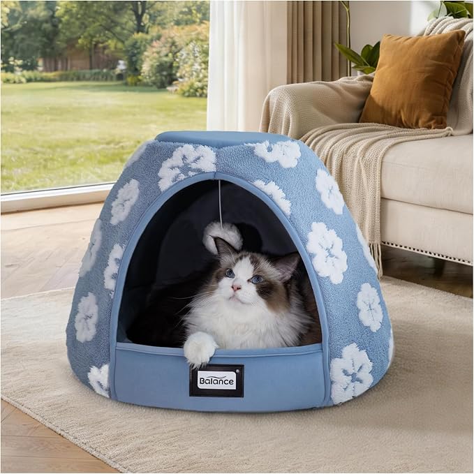 BALANCE Cat Beds for Indoor Cats, 2-in-1 Cat Bed Cave with Anti-Slip Bottom and Ultra-Soft Plush, Cozy Cats House Tent for Kittens and Small Dogs, 19 Inches, Blue