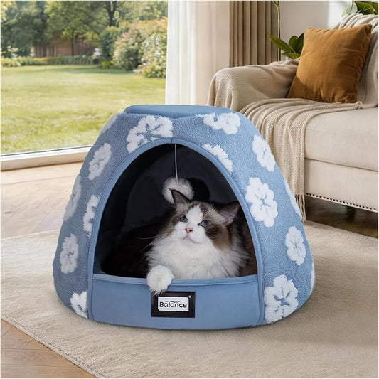 BALANCE Cat Beds for Indoor Cats, 2-in-1 Cat Bed Cave with Anti-Slip Bottom and Ultra-Soft Plush, Cozy Cats House Tent for Kittens and Small Dogs, 19 Inches, Blue