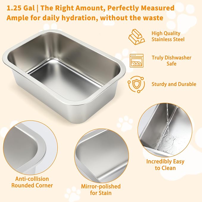 BWOGUE 1.25 Gal Elevated Dog Water Bowl, Raised Stainless Steel Bowl Stand | Raised Dog Water Bowl, 4 Adjustable Heights at 9/11/13/15 in, Non-Slip Base, Outdoor Use, Joint Pressure Relief