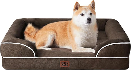 EHEYCIGA Orthopedic Dog Beds Large Sized Dog, Waterproof Washable Pet Bed | Non-Slip Bottom and Egg-Crate Memory Foam Dog Couch Bed with Washable Removable Cover, Brown