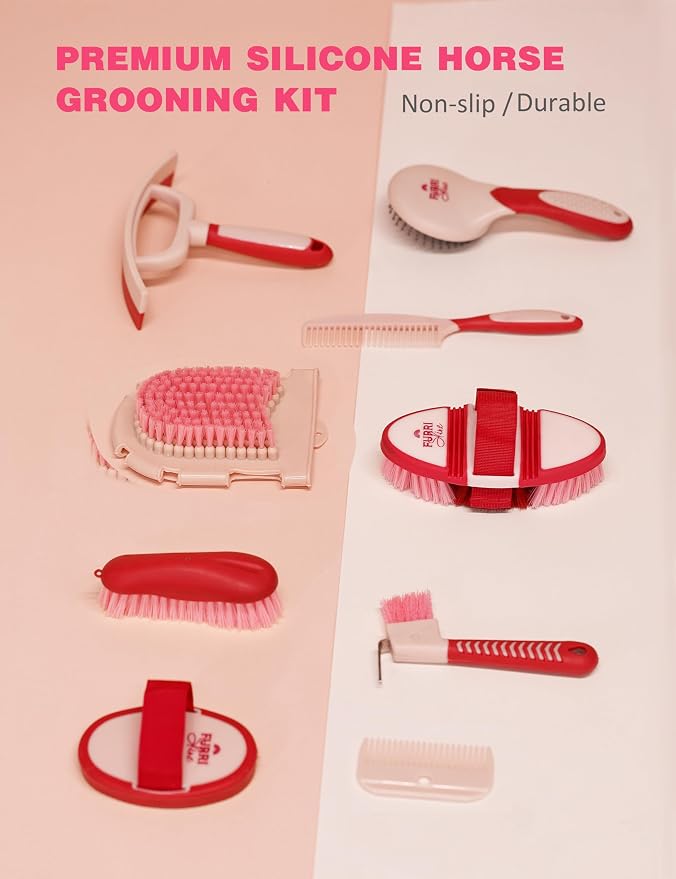 11-Piece Horse Grooming Kit with Waterproof Tote Pink Garnet | 10 coordinated horse grooming tools with comfort-grip designs and a spacious waterproof tote for complete horse grooming