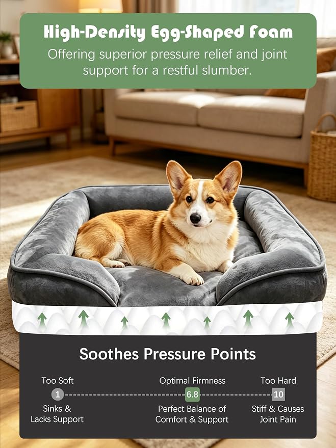 Spotted Play Orthopedic Dog Bed with Sides - Sofa Beds for Medium Dogs, Supportive Foam Pet Couch Bed with Washable Removable Cover, Waterproof Lining and Non-Slip Bottom, Dark Grey - M