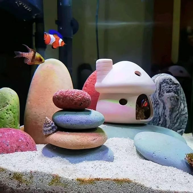 Ceramic Mushroom with Betta Hideout Cave Aquarium Decorations, Cute Fish Tank House with Cave Set for Amano Shrimp Cichlid Bonsai Goldfishes to Play, Hide and Rest - White