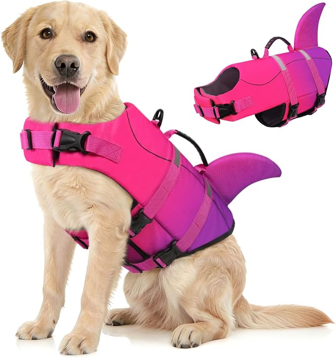 Dog Life Jacket High Flotation, Reflective Dog Life Vest for Swimming, Adjustable Dogs Life Preserver Rescue Handle Spring Summer Pool for Small, Medium, Large Dogs (Pink Purple,L)