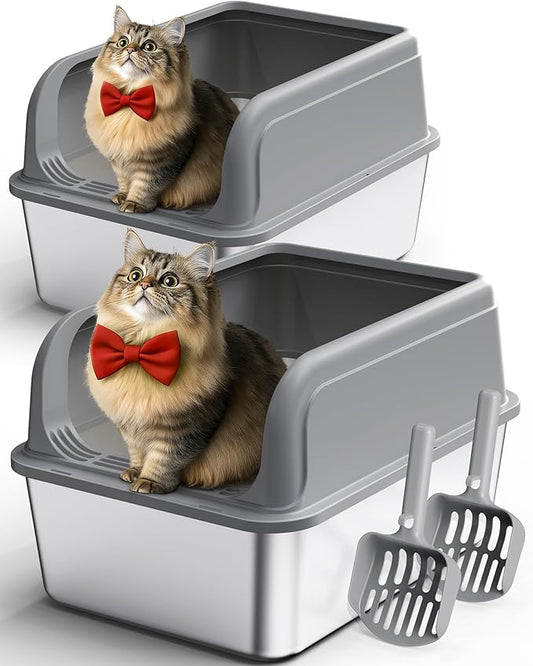 Powools Stainless Steel Cat Litter Box, Metal Litter Box with Scoop, High- Sided, Anti-Leakage Top Entry, Non-Sticky, Easy to Clean, Grey, XL (2 Pack)