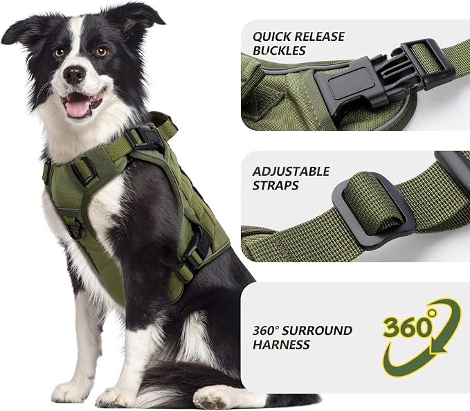WINGOIN Green Tactical Dog Harness for Extra Large Dogs,No Pull Dog Harness | Heavy Duty with Handle,Adjustable Reflective,Military K9 Style,Big Size Dog Vest,for Great Dane,for Walking Training Hunting