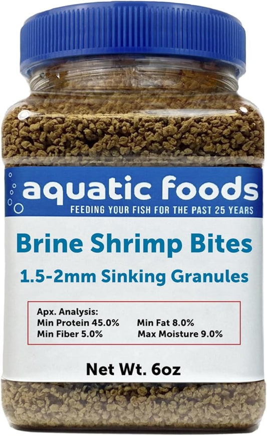 Aquatic Foods Inc. Brine Shrimp Sinking Bites for Bottom Feeders, Small Baby Fish, Tetras. Live Bearers, Discus, Cichlids, Great for All Tropicals - 6oz Small Jar