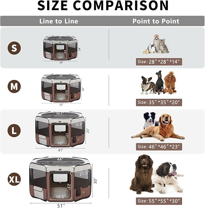 Dog Playpen 46" Portable Pet Play Pens for Small Medium Dogs, Foldable Exercise Kennel Tent Crate Indoor/Outdoor Travel Camping, Removable Top/Bottom (Brown, Large (46"x46"x23"), 8)