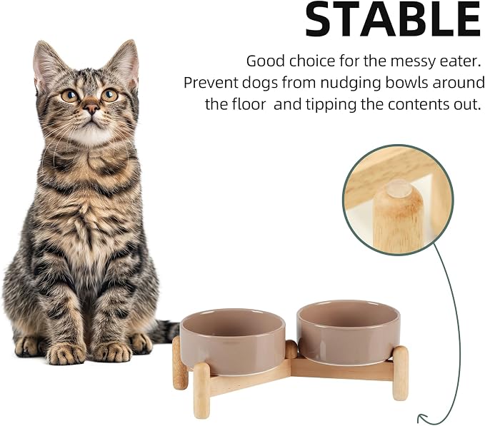 Havniva Elevated Dog Bowls Ceramic Dog Bowls with Stand, Dog Food Bowl | 5.1” Raised Dog Bowls with Non-Slip Wood Stand, Dog Food and Water Bowl Set, Double Dog Feeding Bowls for Small Dogs