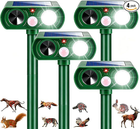 4 Pack Upgraded Sonic Fortress Pro Deer Repellent Cat Deterrent Solar Animal Repellent Ultrasonic Outdoor with Motion Sensor Strobe Light for Skunk Rabbit Raccoon Squirrel Fortress Pro for Yard Garden
