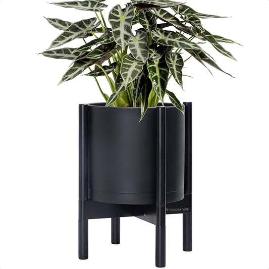 D'vine Dev Plastic Pot with Ebony Wood Stand, Black, 10 in, 55-C-N-2 | Mid-Century Inspired Design, Elevated Plant Display, Clean Lines, Sturdy Support, Modern Space-Saving Style