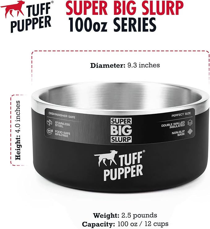 Tuff Pupper 100 oz Heavy Duty Insulated Stainless Steel Dog Bowl for Large Dogs, Non-Slip Base, Dishwasher Safe