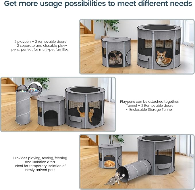 Portable Cat Playpen with Tunnel, 3 in 1 Foldable Puppy Play Pen, Waterproof Bottom, Enclosed 2-Room Separable Pet Tent for Indoor/Outdoor, Multi-Purpose Enclosure Crate Cage for Kitten Dog Rabbit