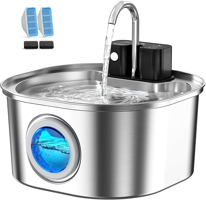 Voluas Stainless Steel Cat Water Fountain, Wireless, 108oz/3.2L, 2 Filter | Cordless Design, Ultra-Quiet Pump, Easy to Clean, BPA-Free