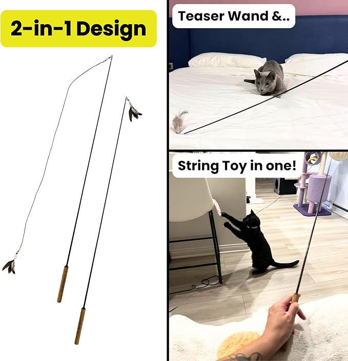Forever Stick 1-Pack - The Unbreakable Cat Wand Toy, Durable Cat Toy Wand, Extra Long Cat String Toy, Cat Fishing Pole Toy for Bored Indoor Adult Cats, Cat Stick Toy, Cat Feather Wand, Cat Teaser Wand