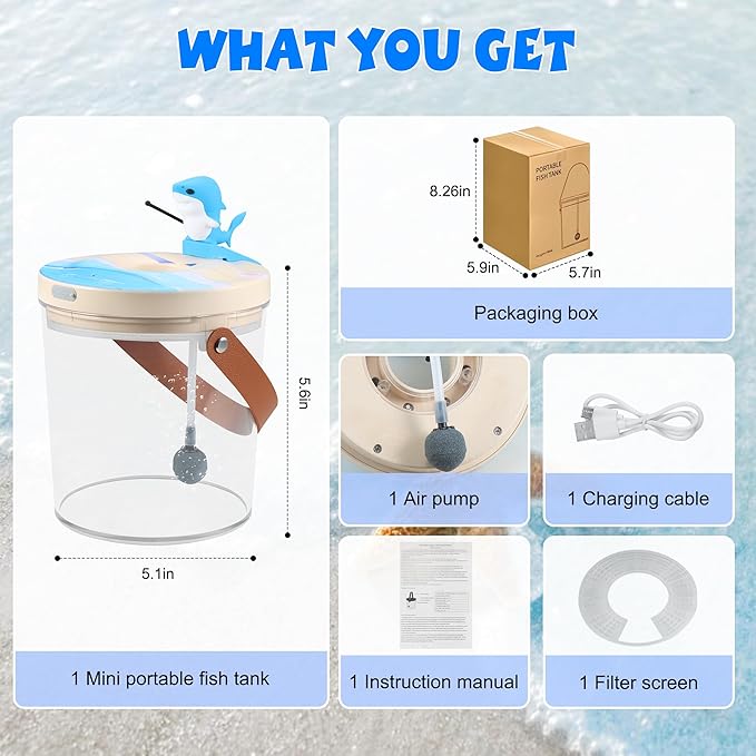Portable Mini Fish Tank, Rechargeable,with Air Pump Oxygenation, and Multi-Color Automatic Switching LED Lights. 0.3 Gallon Plastic Aquarium for Travel