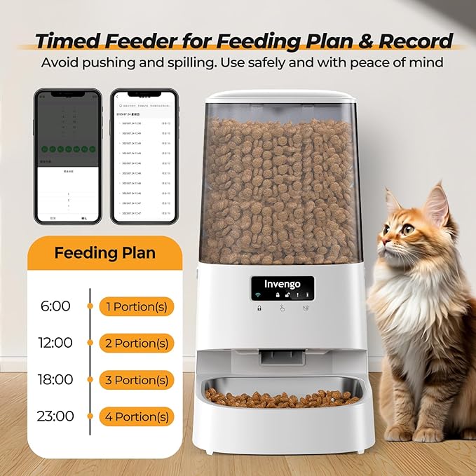Automatic Cat Feeder with App Control, 5L Food Dispenser for Cats and Small Dogs, 2.4/5G Wi-Fi, Programmable Portions, Anti-Jam & Fresh-Lock, Stainless Steel Bowl, Easy to Clean