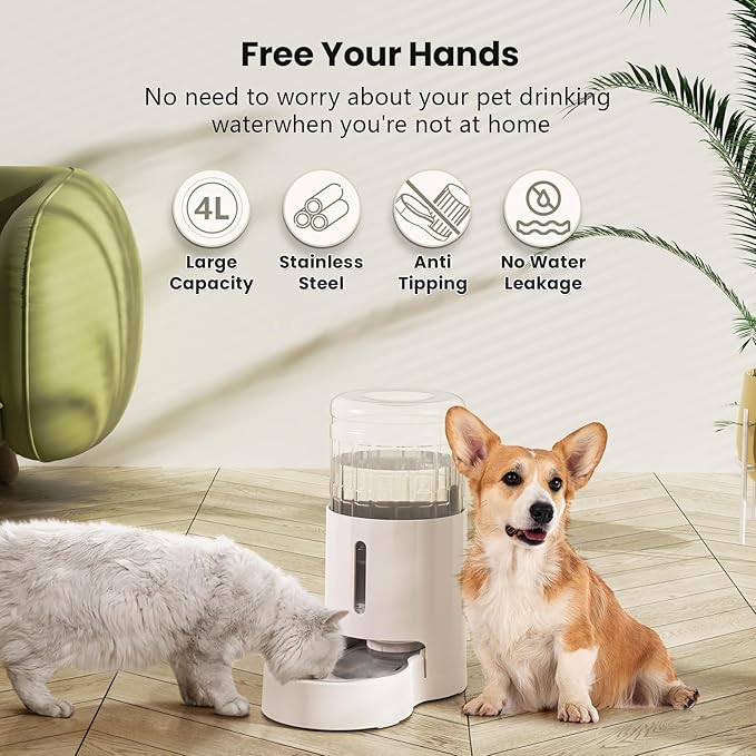 CZPET Automatic 4L/1Gal/135Oz Cat Water Dispenser with Stainless Steel Bowl, Gravity Waterer for Small Medium Dog Puppy Kitten (White)