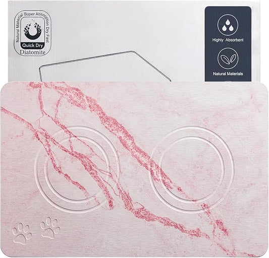 Diatomite Stone Pet Feeding Mat for Dog Cat Super Absorbent Diatomite Quick Drying Stone Dog Food Water Mat, Dog Mats for Food and Water with Non-Slip Station, Fast Dry Pet Mats, Marble Pink